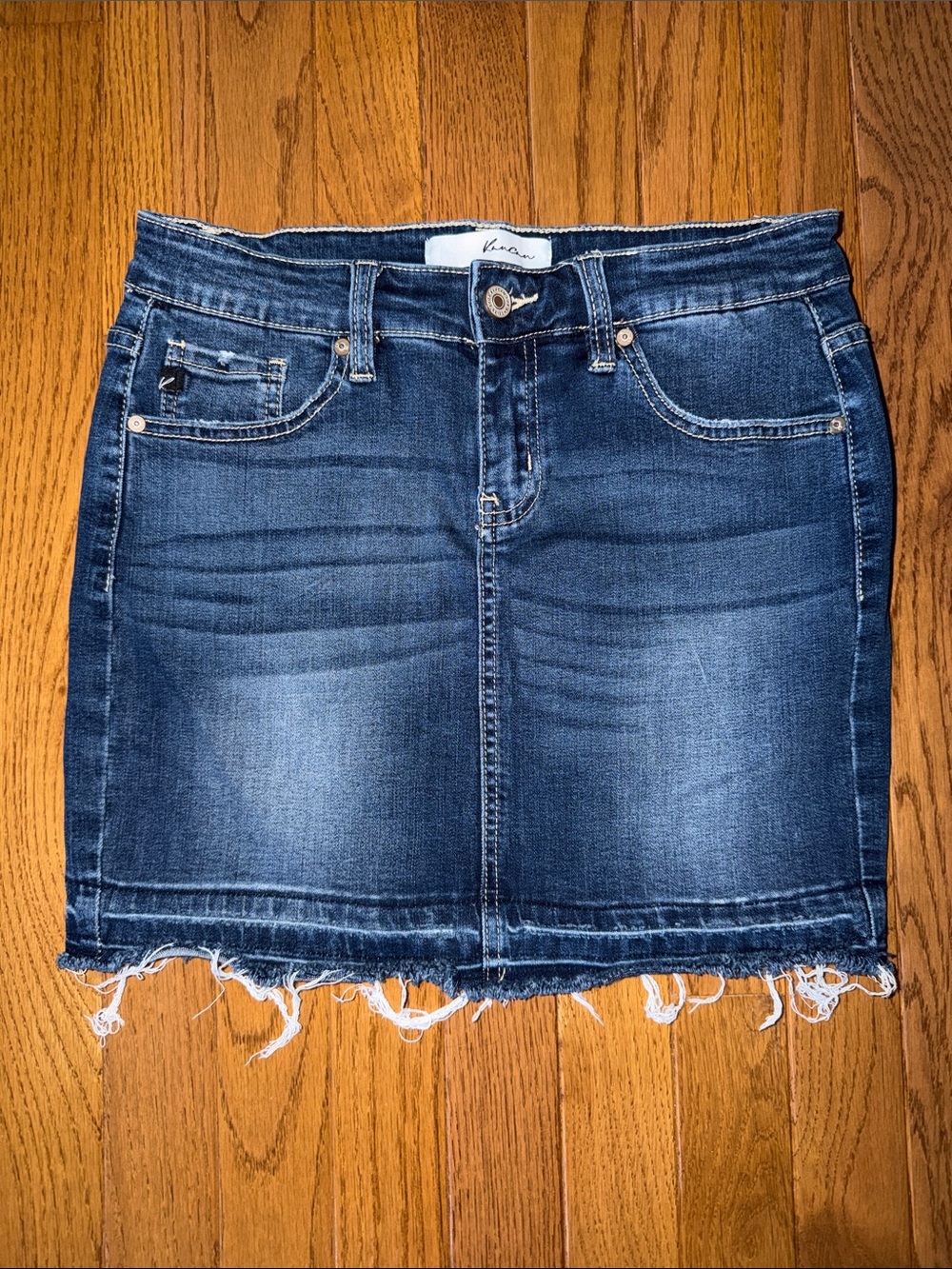 KanCan Dark Blue Washed Denim Mini Skirt with Distressed Raw Edge